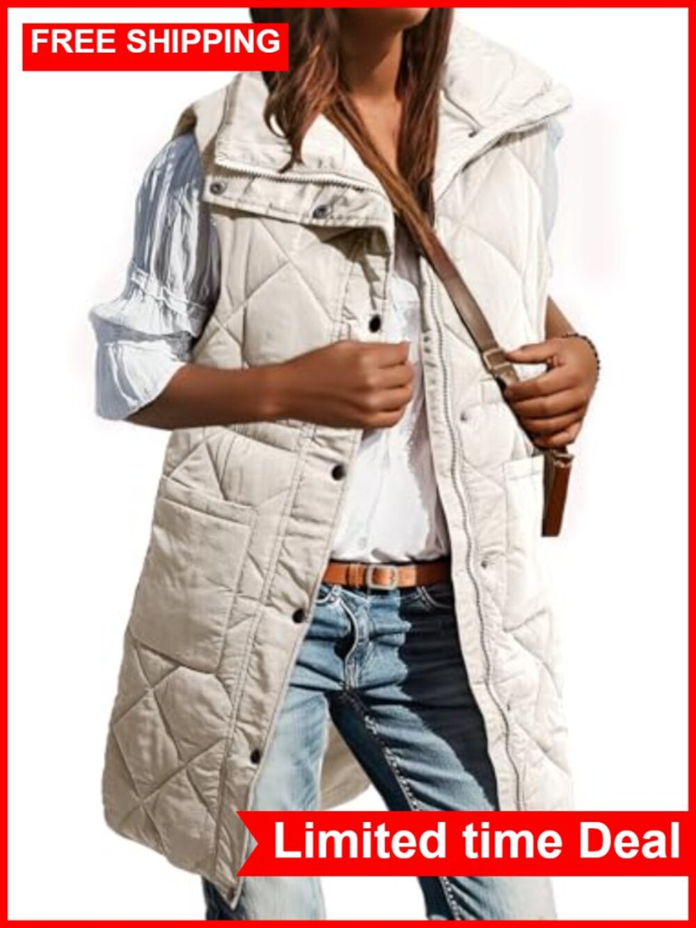 Women's Long Puffer Vest Sleeveless Snap Front Winter Coat